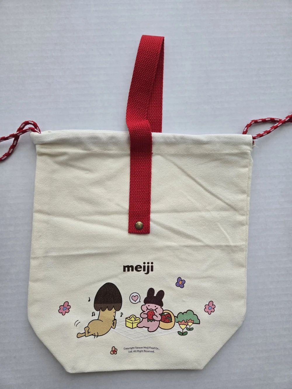 Meiji Cream Canvas Drawstring Tote with Red Strap - NEW 11x10 Inch